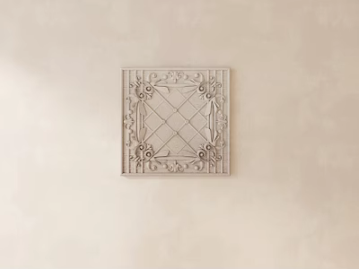 Ornate Square Carved Decorative Panel On Beige Wall With Floral Borders And Checkerboard Center 3d model