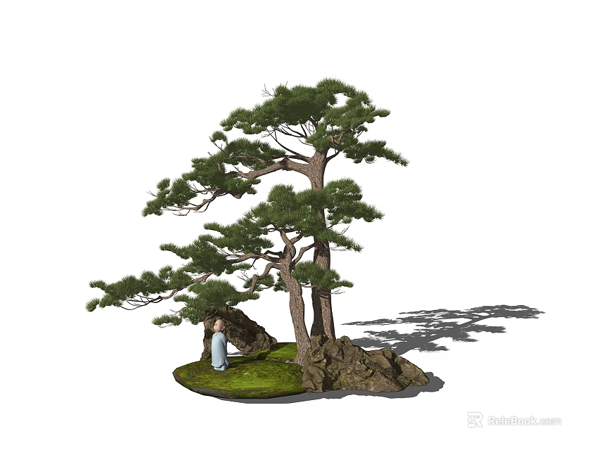 Bonsai Pine Tree with Small Figure on Rock and Green Grass Decor 3d model