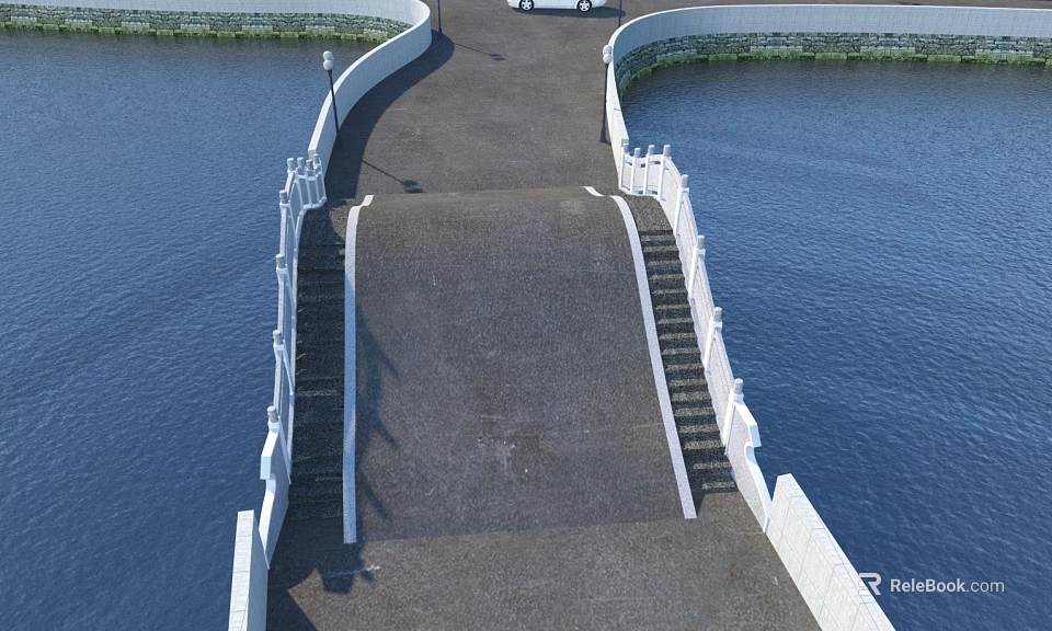 Bridge Featuring Gray Pavement White Railings and Steps Over Blue Water 3d model