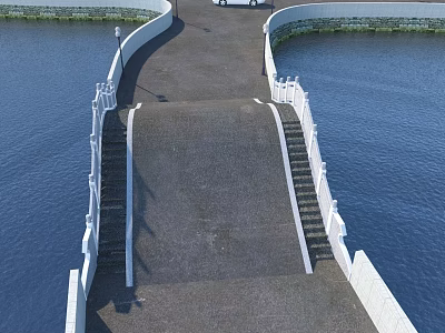 Bridge Featuring Gray Pavement White Railings and Steps Over Blue Water 3d model