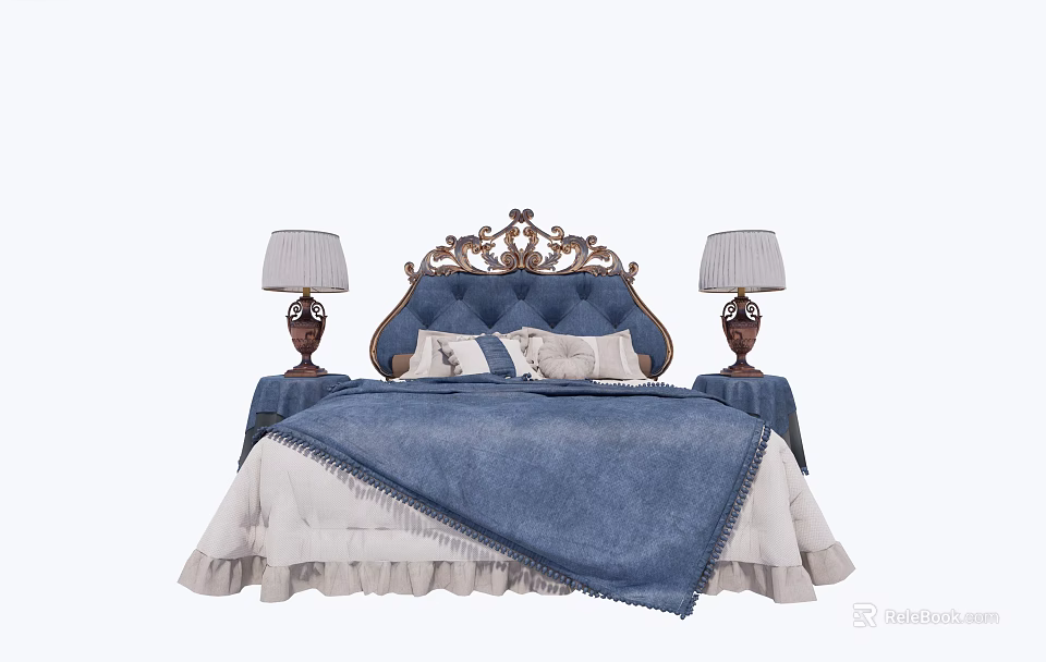 Elegant Carved Headboard Double Bed With Blue Quilt White Sheets And Bedside Table Lamps 3d model 