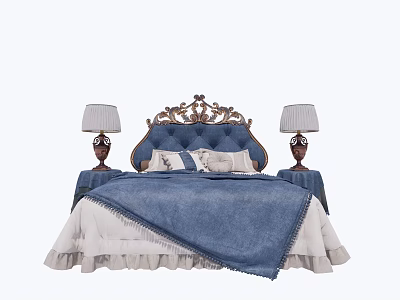 Elegant Carved Headboard Double Bed With Blue Quilt White Sheets And Bedside Table Lamps 3d model