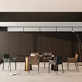 Sleek Modern Restaurant Interior Featuring Dining Table Chairs Slatted Wall And Floor Lamp 3d model