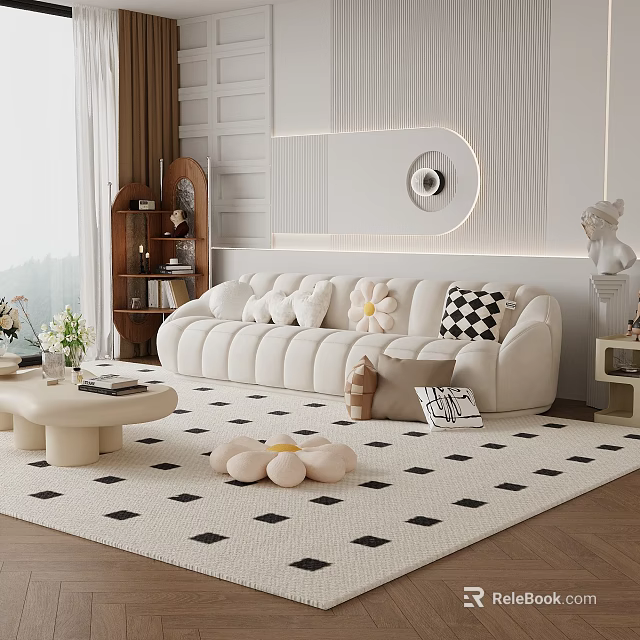 Beige Multi Person Sofa With Throw Pillows In Modern Living Room Interior 3d model 