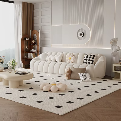 Beige Multi Person Sofa With Throw Pillows In Modern Living Room Interior 3d model