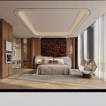 Bedroom Interior With Brown Patterned Wall Light Colored Bed White Nightstand Decorative Lamp And Chair