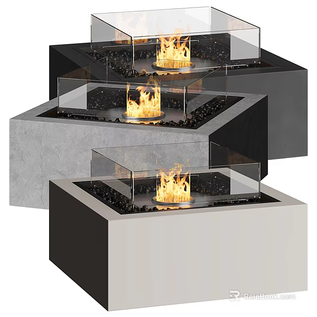Modern Fireplace Designs With Glass Panels Burning Flames And Concrete Frames 3d model 