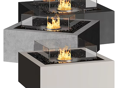 Modern Fireplace Designs With Glass Panels Burning Flames And Concrete Frames 3d model