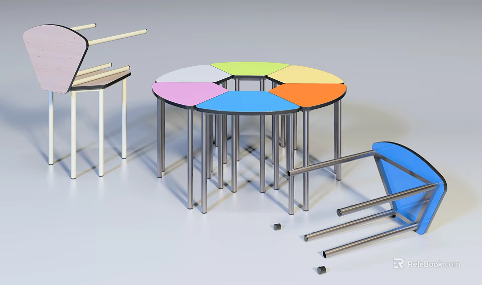 Colorful Round Desk Design Featuring Segmented Multicolored Top and Chairs 3d model
