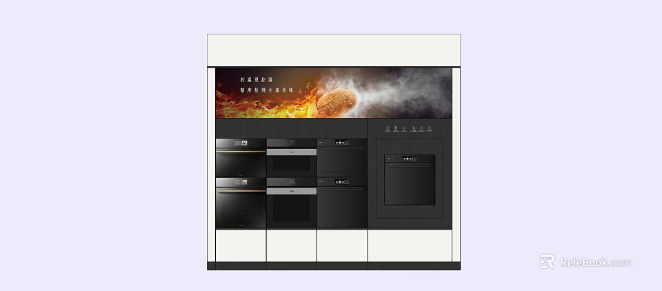 Modern Kitchen Appliance Display Shelf with Black Ovens and White Cabinetry 3d model 