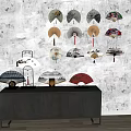 Decorative Fan Wall Hangings With Various Traditional Designs On Wall And Cabinet