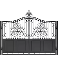 Elegant Black Wrought Iron Entrance Gate With Ornate Design Double Door And Flanking Pillars