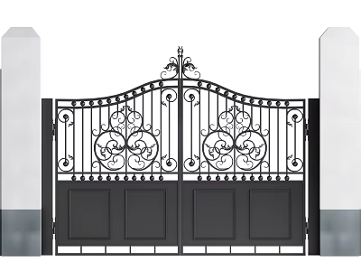 Elegant Black Wrought Iron Entrance Gate With Ornate Design Double Door And Flanking Pillars 3d model