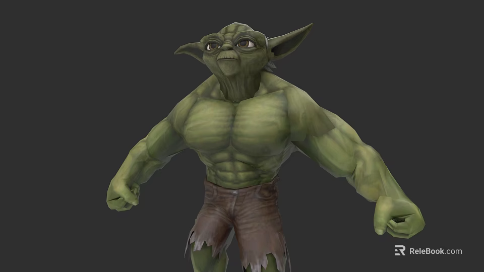 Muscular Green Skinned Game Movie Character With Pointed Ears And Torn Brown Shorts 3d model 
