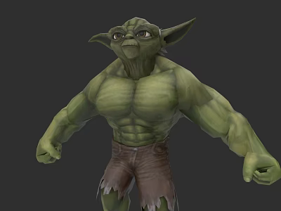 Muscular Green Skinned Game Movie Character With Pointed Ears And Torn Brown Shorts 3d model