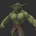 Muscular Green Skinned Game Movie Character With Pointed Ears And Torn Brown Shorts