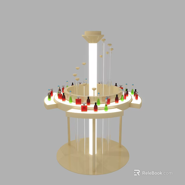 Circular Multi Tiered Display Shelf With Colorful Bottles For Retail 3d model 