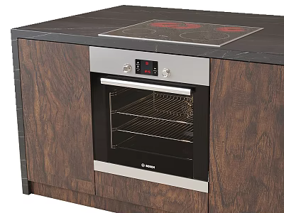Modern Built in Oven with Induction Cooktop in Wooden Cabinets Dark Countertop 3d model