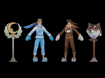 Human Characters With Animal Ears Standing By Moon Emblem And Dog Head Statue 3d model