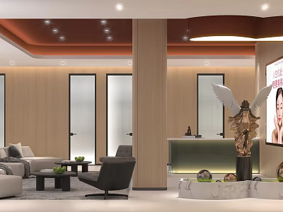 Modern Beauty Salon Interior With Lounge Area Comfortable Seating And Marble Reception Desk 3d model