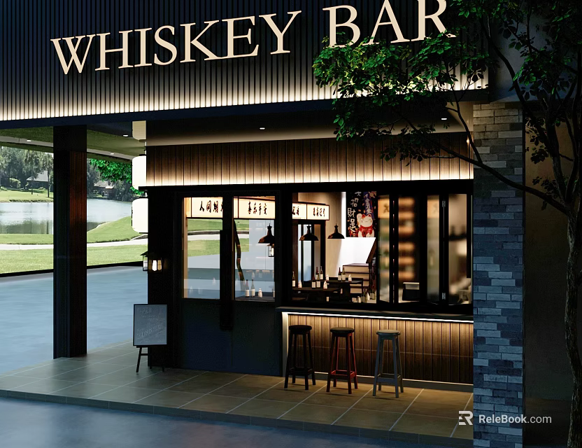 Whiskey Bar Exterior At Night With Bar Counter Stools And Lighting 3d model 