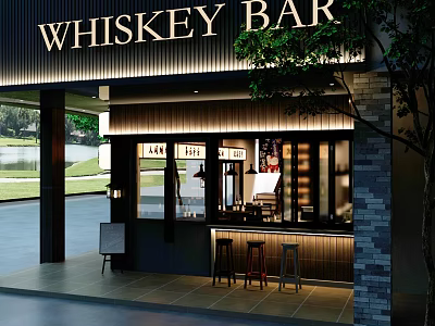 Whiskey Bar Exterior At Night With Bar Counter Stools And Lighting 3d model