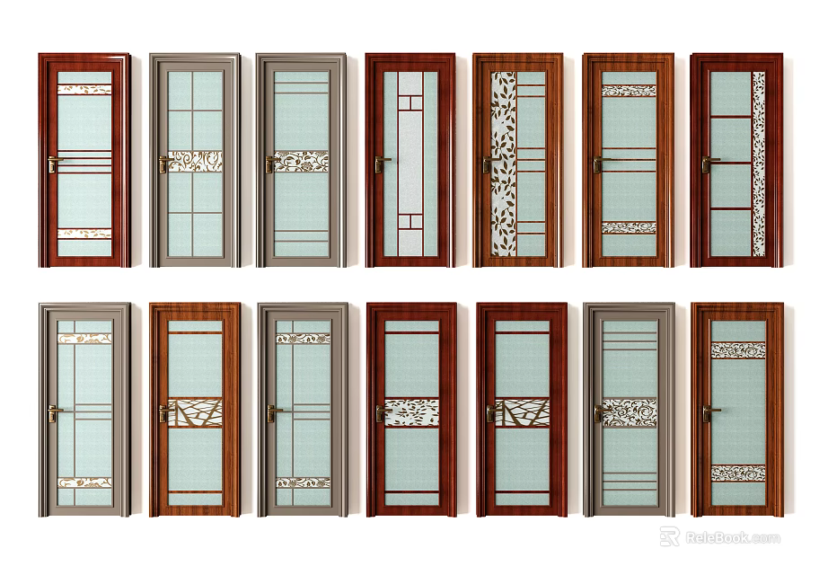 Hinged Doors With Various Designs Glass Panels Decorative Patterns And Wooden Frames 3d model