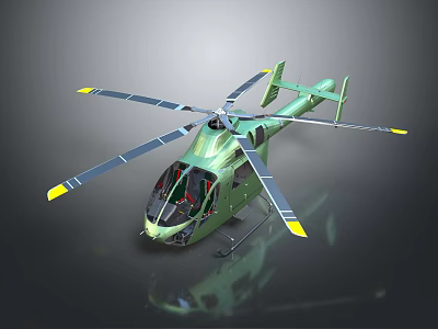 Modern Green Helicopter Design With Rotor Blades Yellow Tips And Cockpit 3d model