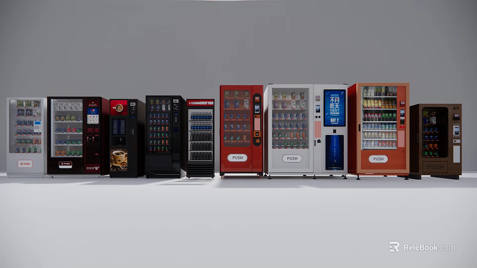 Public Facilities Showcasing Various Colored Vending Machines With Diverse Beverage Selections 3d model 
