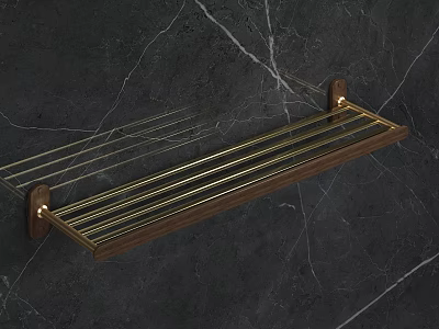 Stylish Wall Mounted Bathroom Shelf With Gold Metal And Wood On Dark Marble Wall 3d model