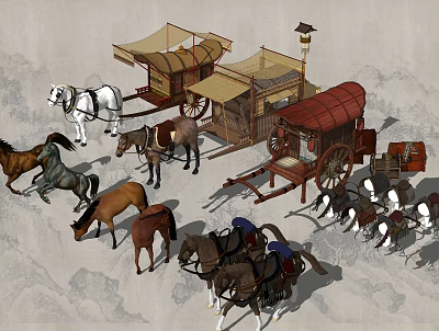 Traditional Horse Carriages With Multiple Horses Covered Tops And Wooden Wheels Design 3d model