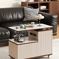 Double Layered Beige Brown Coffee Table With Teapot Teacups Table Lamp By Black Leather Sofa