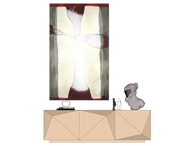 Geometric Wooden Console Table With Abstract Wall Art And Decorative Sculpture 3d model