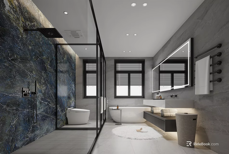 Modern Bathroom Interior Design With Glass Shower Freestanding Bathtub Large Mirror And Marble Walls 3d model 