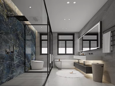Modern Bathroom Interior Design With Glass Shower Freestanding Bathtub Large Mirror And Marble Walls 3d model
