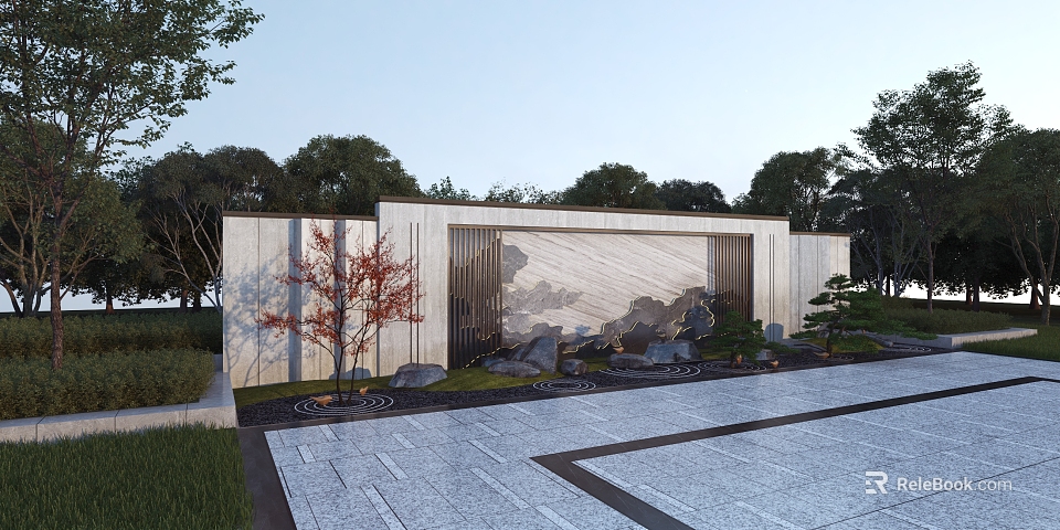 Traditional Chinese Courtyard Landscape With Stone Walls Red Maple Tree And Rock Formations 3d model 