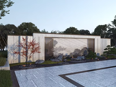 Traditional Chinese Courtyard Landscape With Stone Walls Red Maple Tree And Rock Formations 3d model