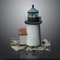 White Tower Lighthouse With Blue Top And Red Roof House On Rock Base