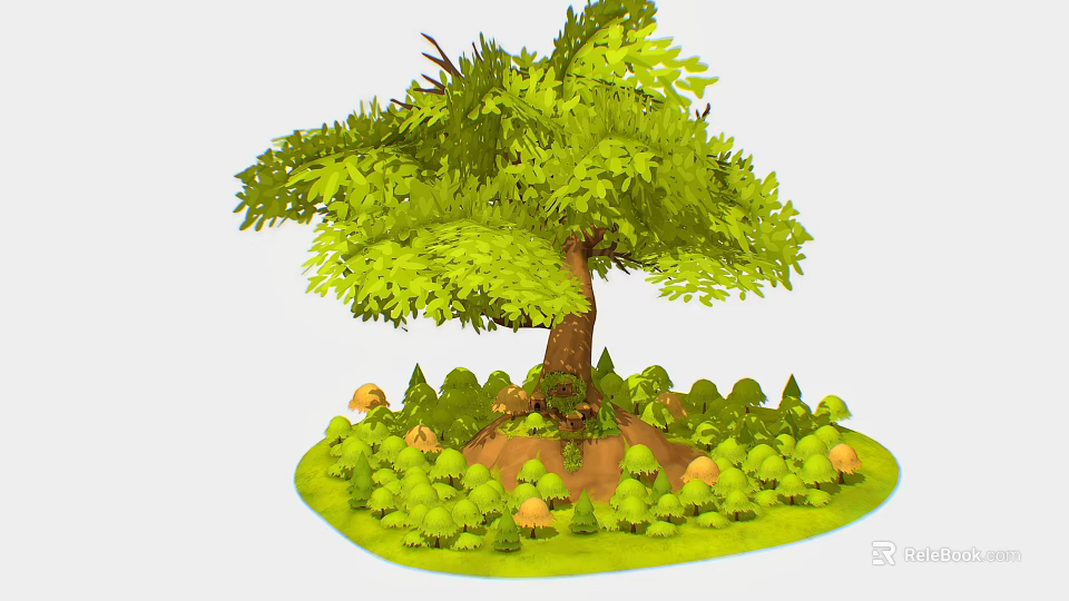 Landscape Architecture Design With Large Tree Mushrooms And Green Shrubs 3d model 