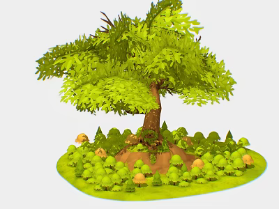Landscape Architecture Design With Large Tree Mushrooms And Green Shrubs 3d model