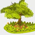 Landscape Architecture Design With Large Tree Mushrooms And Green Shrubs