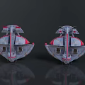 Red And Gray Symmetrical Spacecraft Design With Bottom Engines And Surface Details