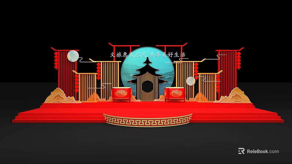 Traditional Chinese Stage With Red Carpet Golden Decor Moon Elements And Architecture 3d model 