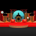 Traditional Chinese Stage With Red Carpet Golden Decor Moon Elements And Architecture