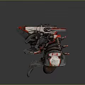 Futuristic Mechanical Sculpture Carving With Metallic Texture And Red Geometric Accents