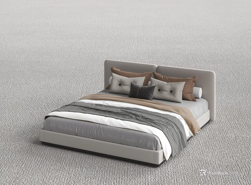 Modern Double Bed With Gray Headboard And Multiple Colored Pillows Striped Bedspread 3d model