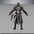 Futuristic Sci Fi Bearded Male Character In Metallic Armor With Long Coat And Weapon