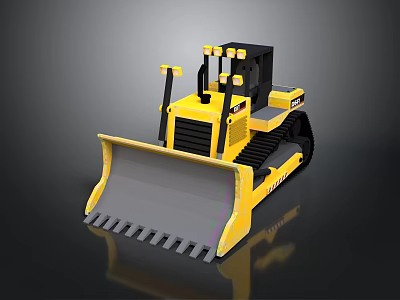 Yellow Bulldozer Construction Vehicle With Large Blade And Tracks On Dark Background 3d model