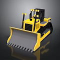 Yellow Bulldozer Construction Vehicle With Large Blade And Tracks On Dark Background