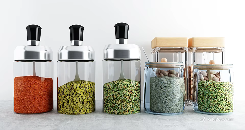 Transparent Glass Kitchen Jars with Black Silver Wooden Lids Various Ingredients Neatly on Gray Countertop 3d model 